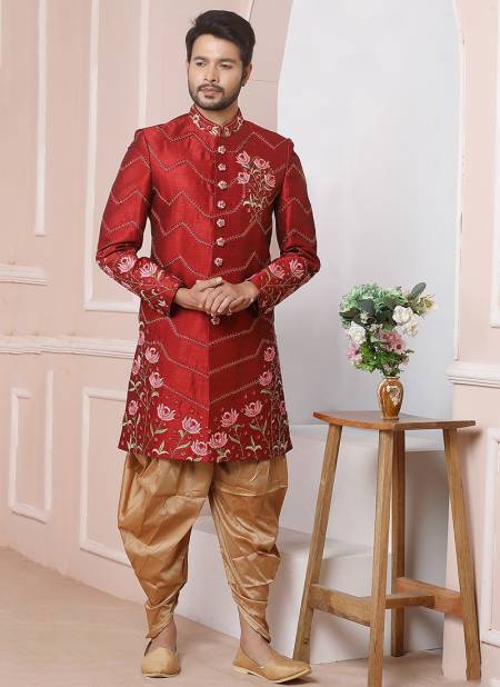 Maroon Colour New Ethnic Wear Mens Banarasi Silk Sherwani Collection 1657
